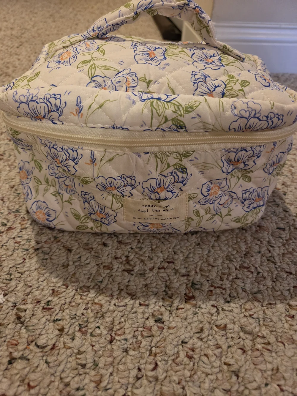 Floral Quilted Cosmetic Case - Cream with Blue Floral Print